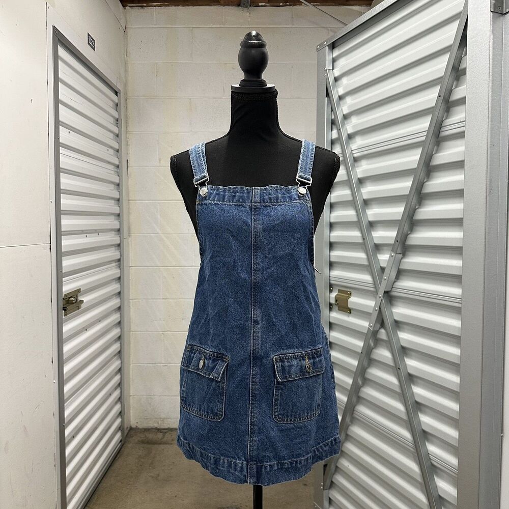 Edikted Overall Denim Mini Dress Small Blue Washed Y2K Pinafore Jean Dress